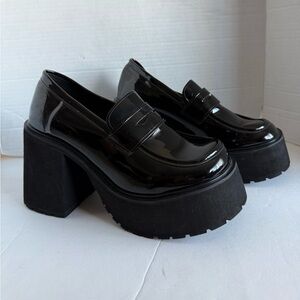 Women's Black Patent Leather Chunky Heels Casual Loafers Comfortable Size 42-10